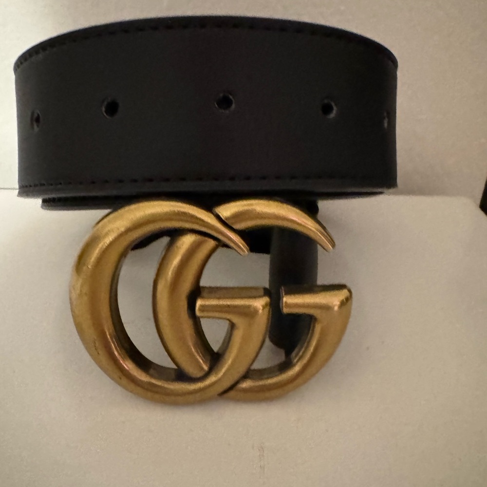 GG Black Leather Belt with Gold GG Buckle